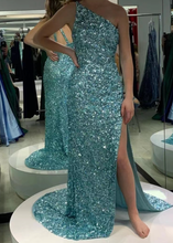 Load image into Gallery viewer, One Shoulder Prom Dresses Sequins Three Straps