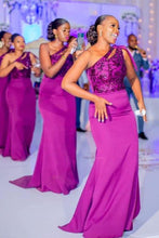 Load image into Gallery viewer, One Shoulder Fuchsia Bridesmaid Dresses