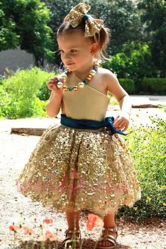 One Shoulder Gold Flower Girl Dresses