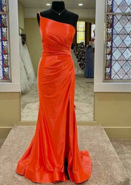 One Shoulder Orange Prom Dresses Floor Length