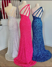 Load image into Gallery viewer, One Shoulder Slit Prom Dresses Criss Cross Back