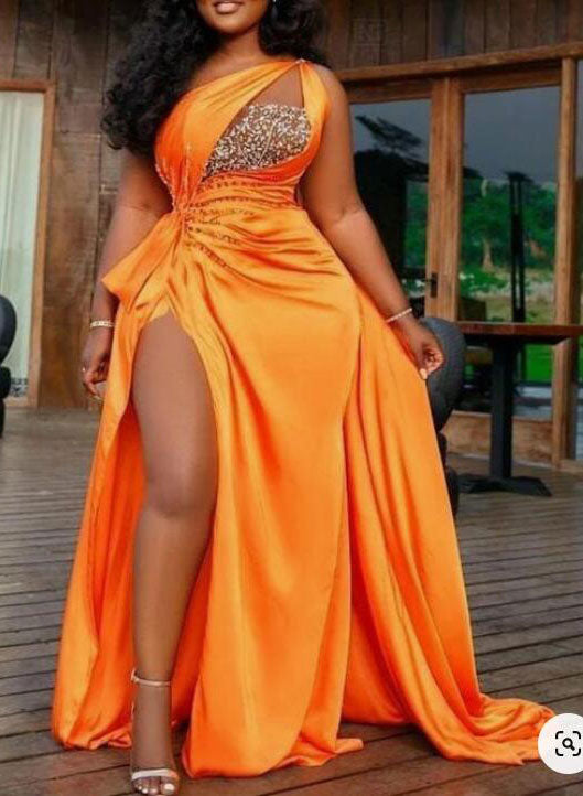 Plus Size Orange Slit Prom Dresses with Sparkly Beaded