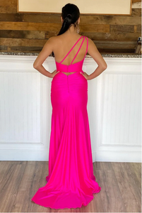 One Shoulder Fuchsia Prom Dresses High Slit