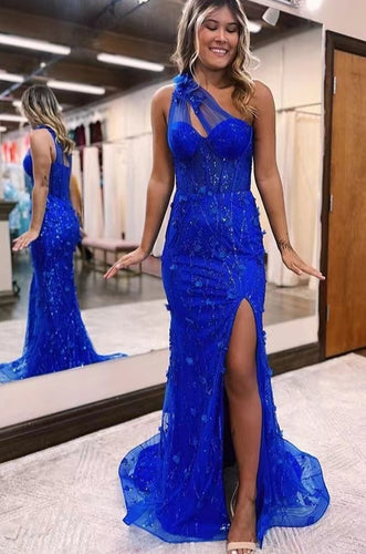 One Shoulder Prom Dresses Royal Blue Slit Side with 3D Flowers