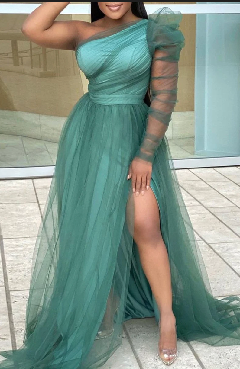 Single Sleeves Prom Dresses Slit Side