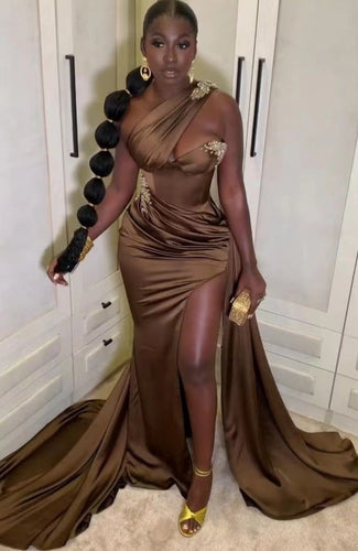 One Shoulder Chocolate Prom Dresses Slit Side
