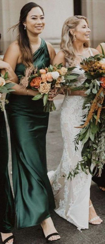 One Shoulder Green Bridesmaid Dresses Long