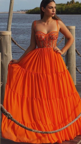 Orange Prom Dresses Spaghetti Straps with Rhinestones