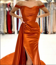 Load image into Gallery viewer, Orange Off Shoulder Prom Dresses Slit under 100