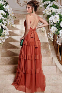 Spaghetti Straps Backless Prom Dresses Orange