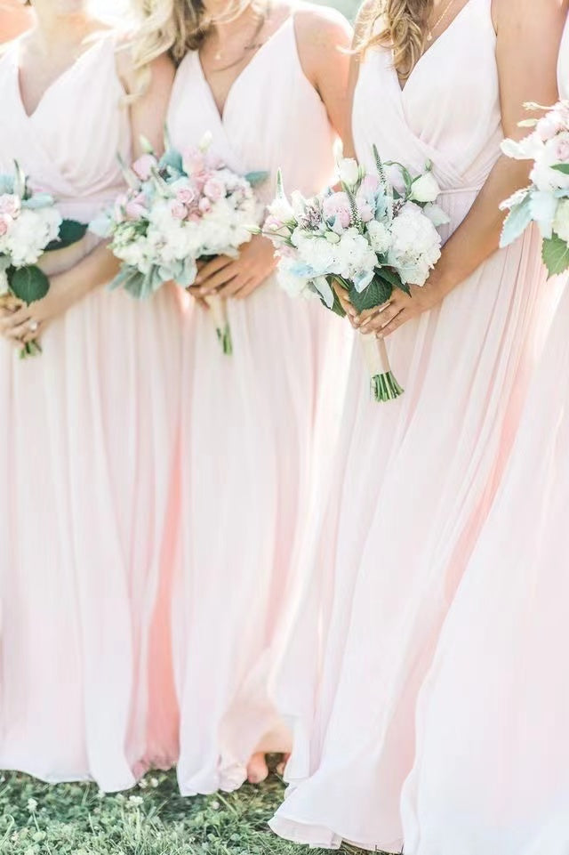 V Neck Pale Pink Bridesmaid Dresses for Wedding Party