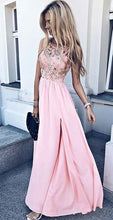 Load image into Gallery viewer, Elegant Pink Long Split Side Prom Dresses with Appliques Beaded