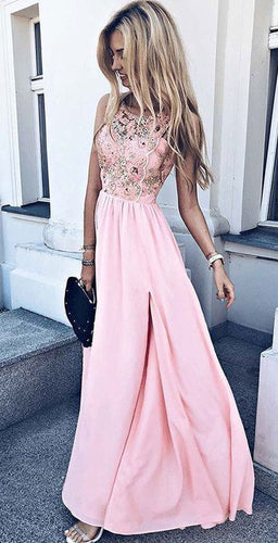 Elegant Pink Long Split Side Prom Dresses with Appliques Beaded