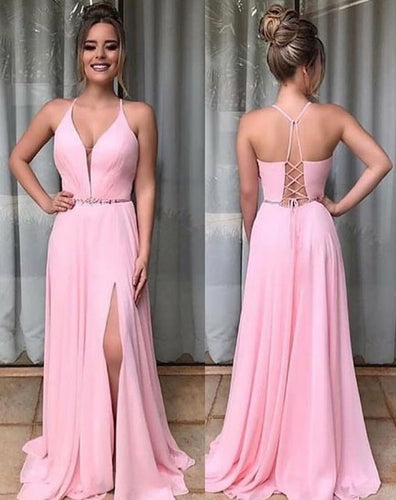 Elegant Split Side Pink Chiffon Prom Dresses with Beaded