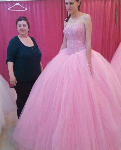 Strapless Prom Dresses Pink Tulle with Beads