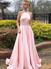 Cargar imagen en el visor de la galería, High Neck Pink Prom Dresses with Pears Floor Length