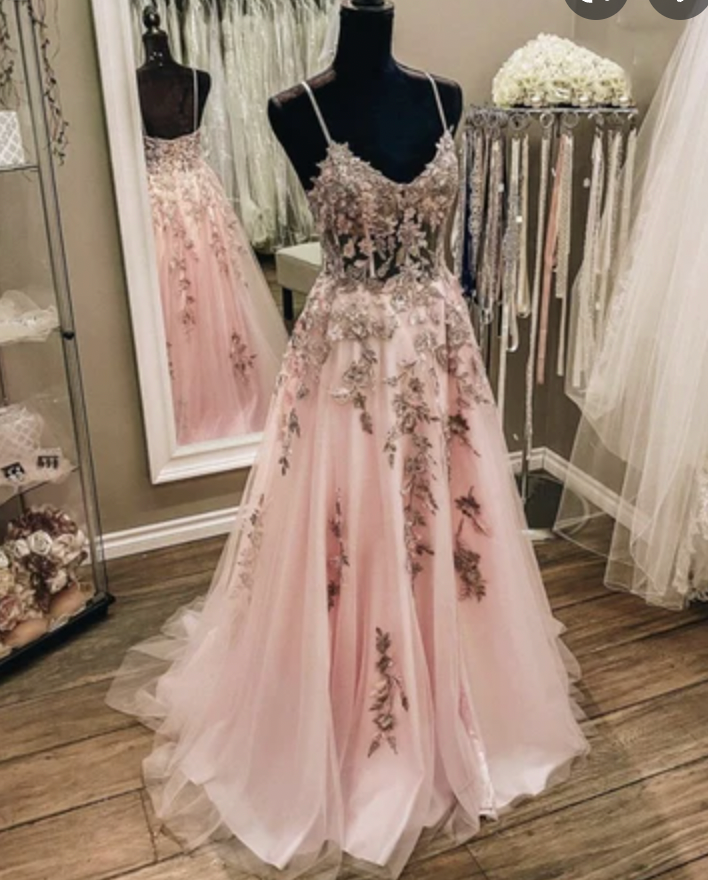 Spaghetti Straps Peach Prom Dresses with Lace