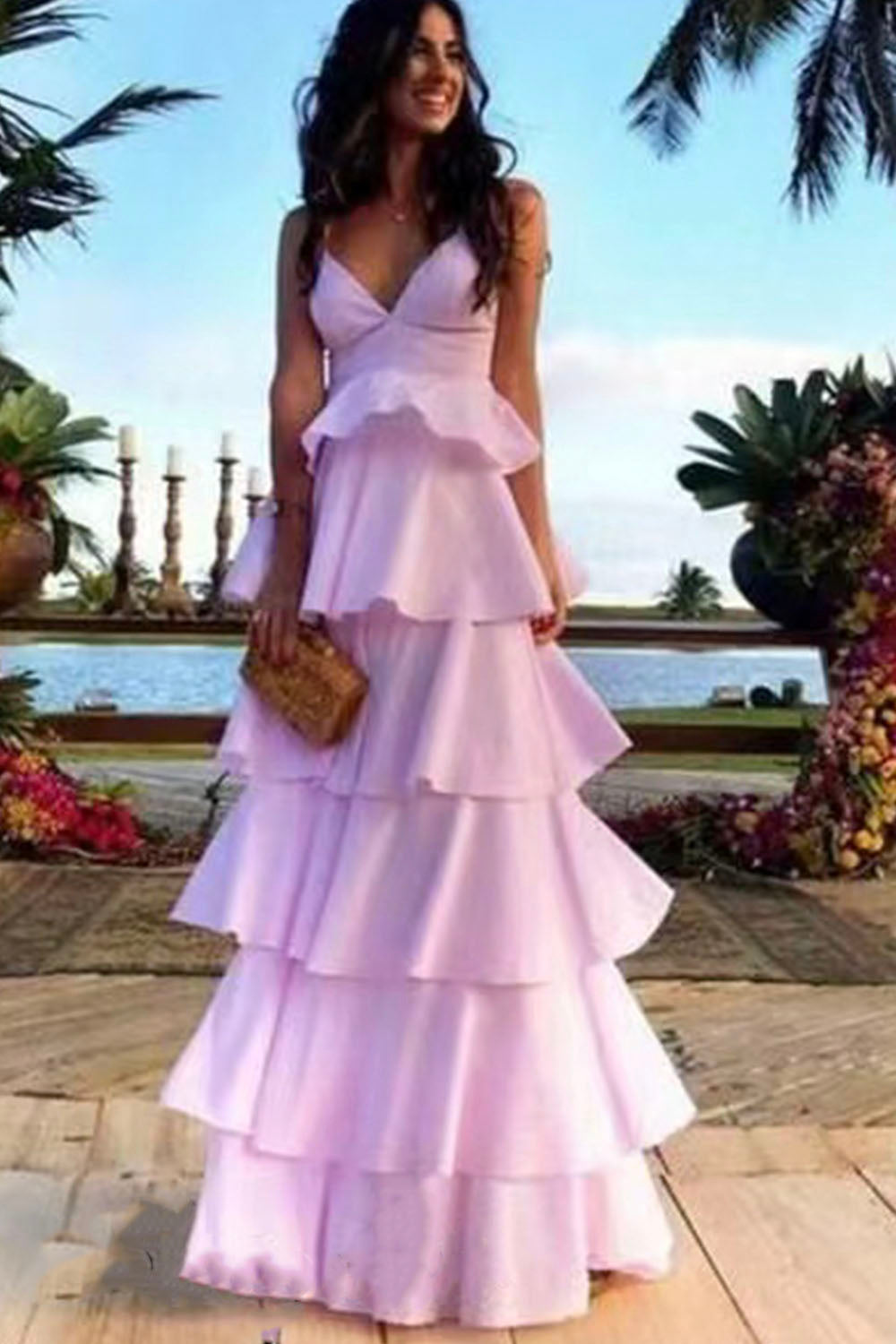 Prom Dresses Spaghetti Straps Tiered Pink
