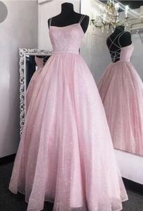 Sparkly Pink Prom Dresses Criss Cross Back