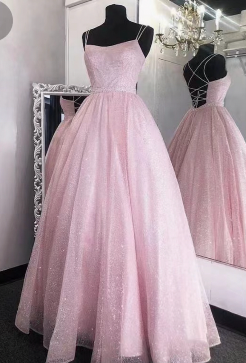 Sparkly Pink Prom Dresses Criss Cross Back