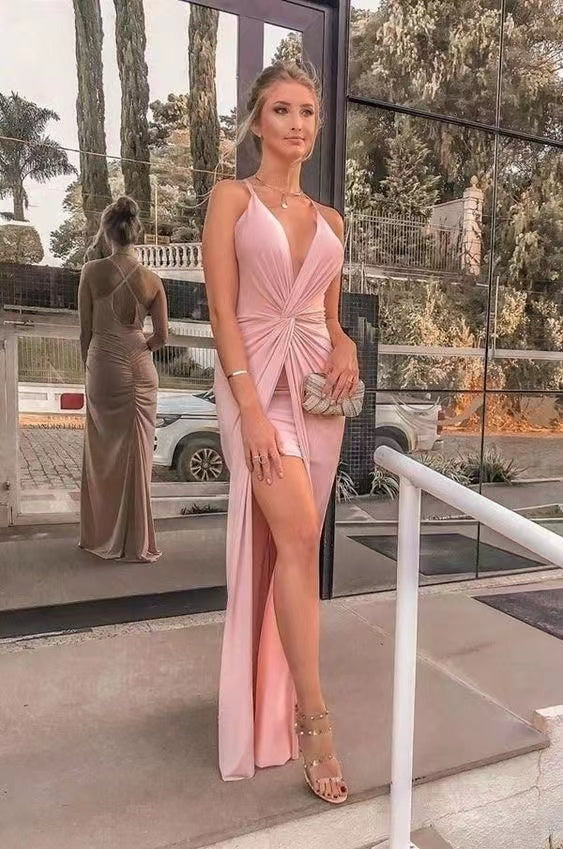 Straps Pink Prom Dresses Criss Cross Back