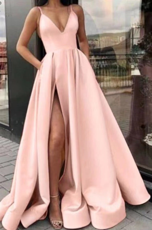 Pink Prom Dresses Slit Side Spaghetti Straps