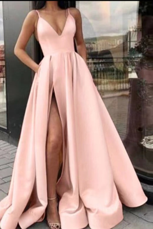 Spaghetti Straps Prom Dresses with Pockets Slit Side