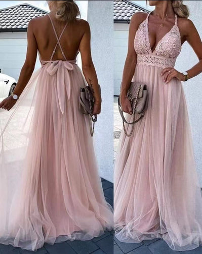 Pink Prom Dresses Evening Gown with Lace Spaghetti Straps