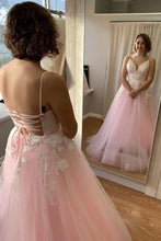 Cargar imagen en el visor de la galería, Pink Spaghetti Straps Prom Dresses with Appliques Lace