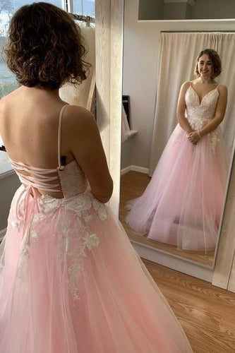 Pink Spaghetti Straps Prom Dresses with Appliques Lace