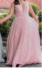 Load image into Gallery viewer, Plus Size Prom Dresses V Neck Sequin
