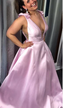 Load image into Gallery viewer, V Neck Pink Prom Dresses with Bowknot