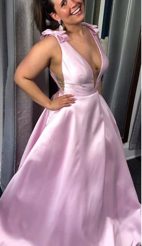 V Neck Pink Prom Dresses with Bowknot