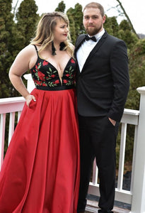 Plus Size Spaghetti Straps Red Long Prom Dresses with Pockets