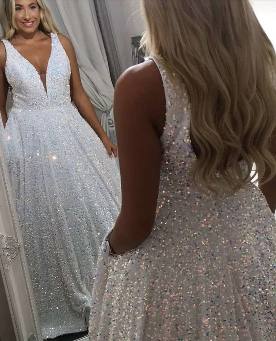 Plus Size Prom Dresses V Neck Sequin