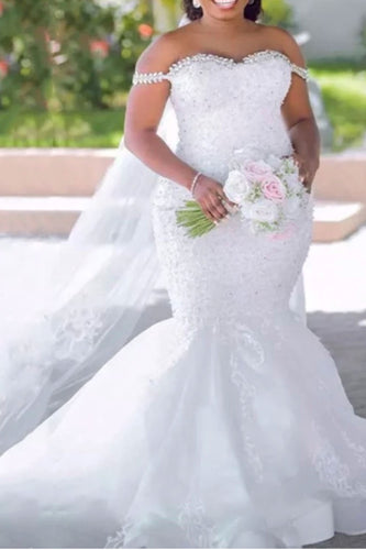 Plus Size Mermaid Wedding Dresses Bridal Gown with Rhinestones