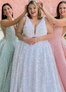 Plus Size Prom Dresses V Neck Sequin