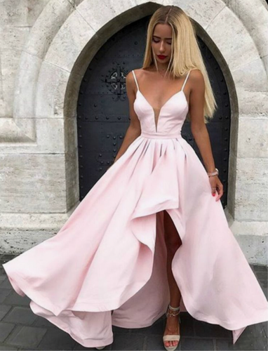 Pink Prom Dresses Slit Side Spaghetti Straps