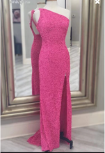 Load image into Gallery viewer, One Shoulder Slit Prom Dresses Criss Cross Back