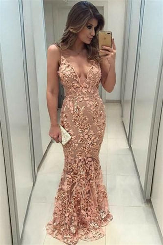 Spaghetti Straps Mermaid Prom Dresses with Appliques Lace
