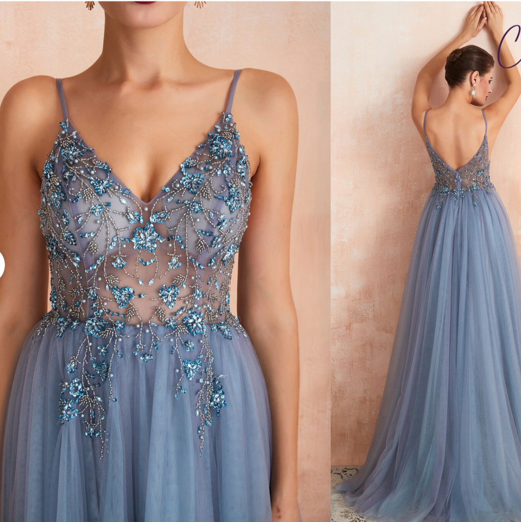 Prom Dresses Spaghetti Straps Tulle with Rhinestones