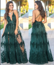 Load image into Gallery viewer, Spaghetti Straps Prom Dresses Dark Green Slit Side