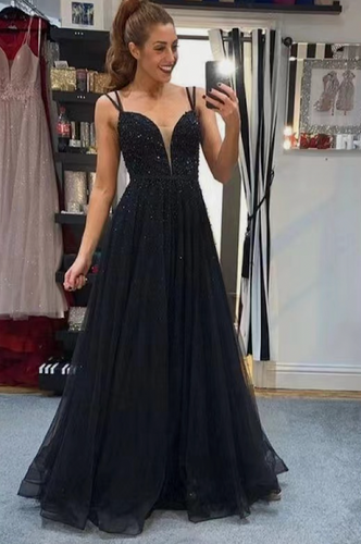 Black Prom Dresses Backless Spaghetti Straps Beads