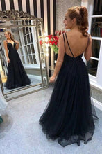 Carica l&#39;immagine nel visualizzatore di Gallery, Black Prom Dresses Backless Spaghetti Straps Beads