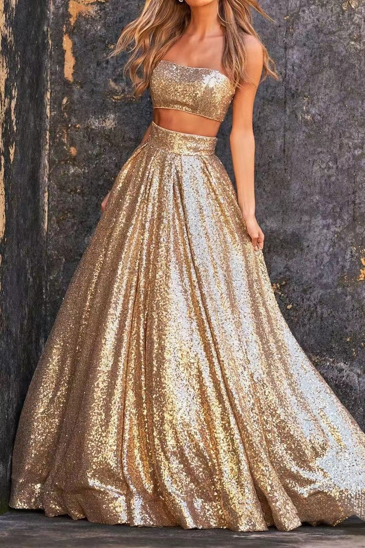 Two Piece Champagne Prom Dresses