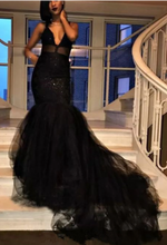 Load image into Gallery viewer, V Neck Black Prom Dresses with Lace Appliques