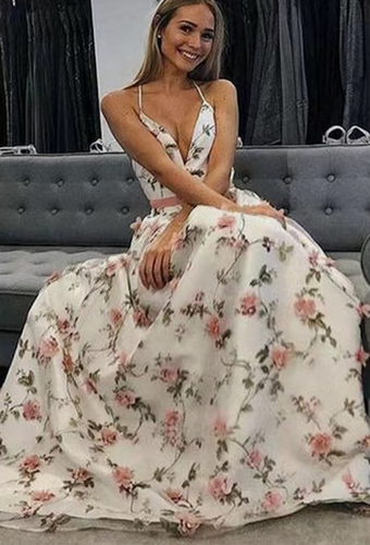 Spaghetti Straps Prom Dresses 3D Flowers Criss Cross Back