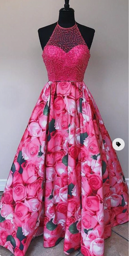 Fuchsia Prom Dresses Floral Halter with Beading
