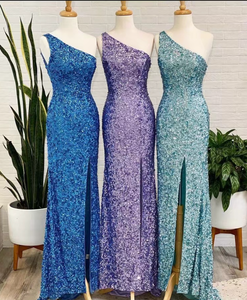 One Shoulder Slit Prom Dresses Criss Cross Back