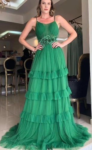 Prom Dresses Green Spaghetti Straps Tulle